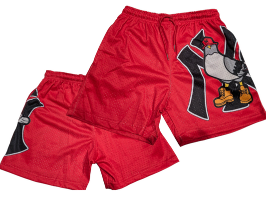 NY BIRD BLOCK RED MESH SHORTS